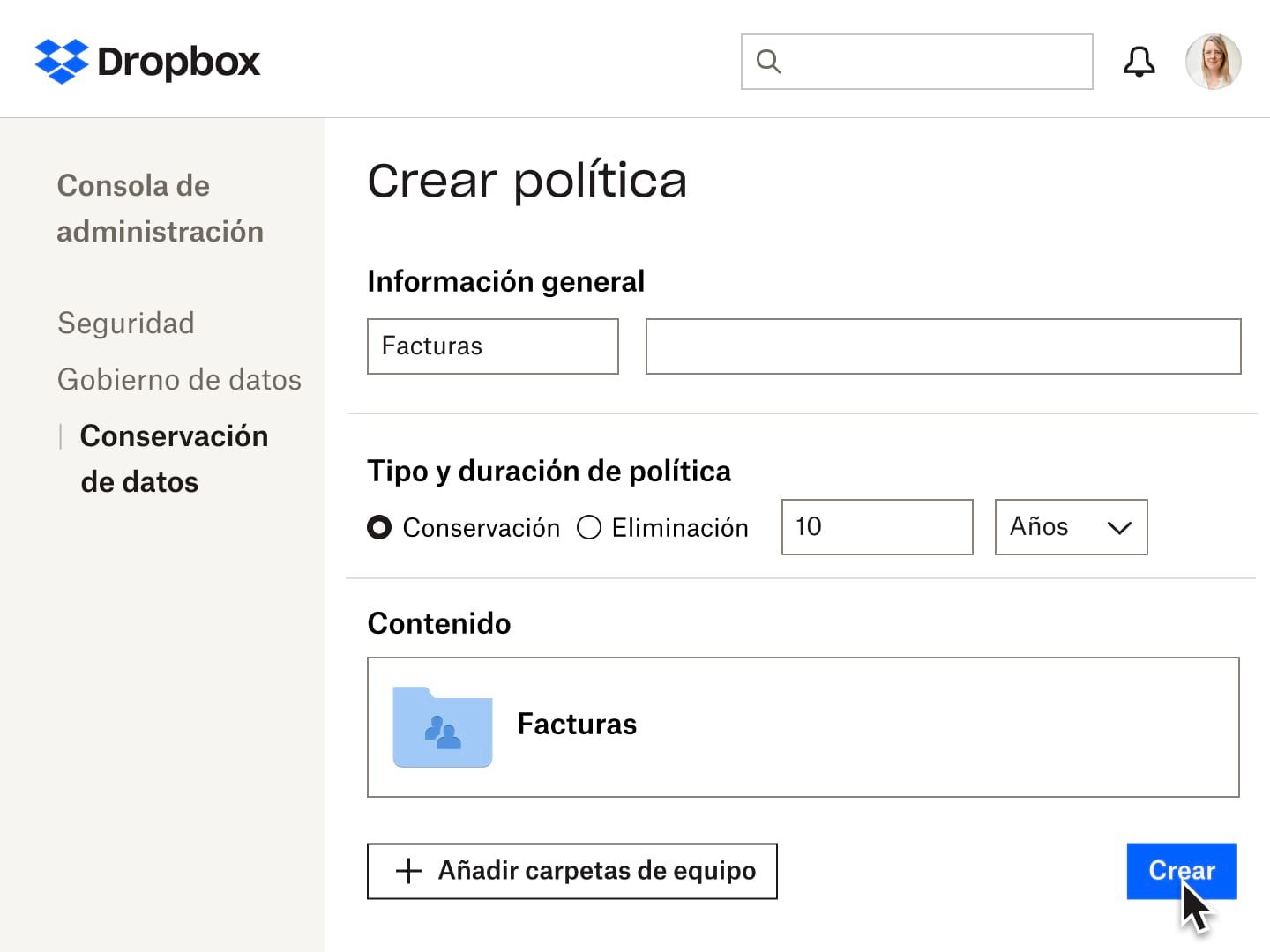 Campos de formulario para crear una política de retención de datos en Dropbox