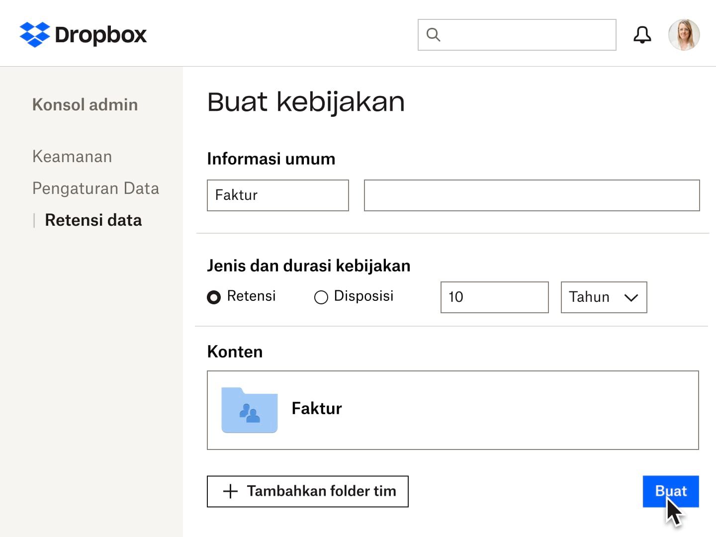 Kolom formulir untuk membuat kebijakan retensi data di Dropbox
