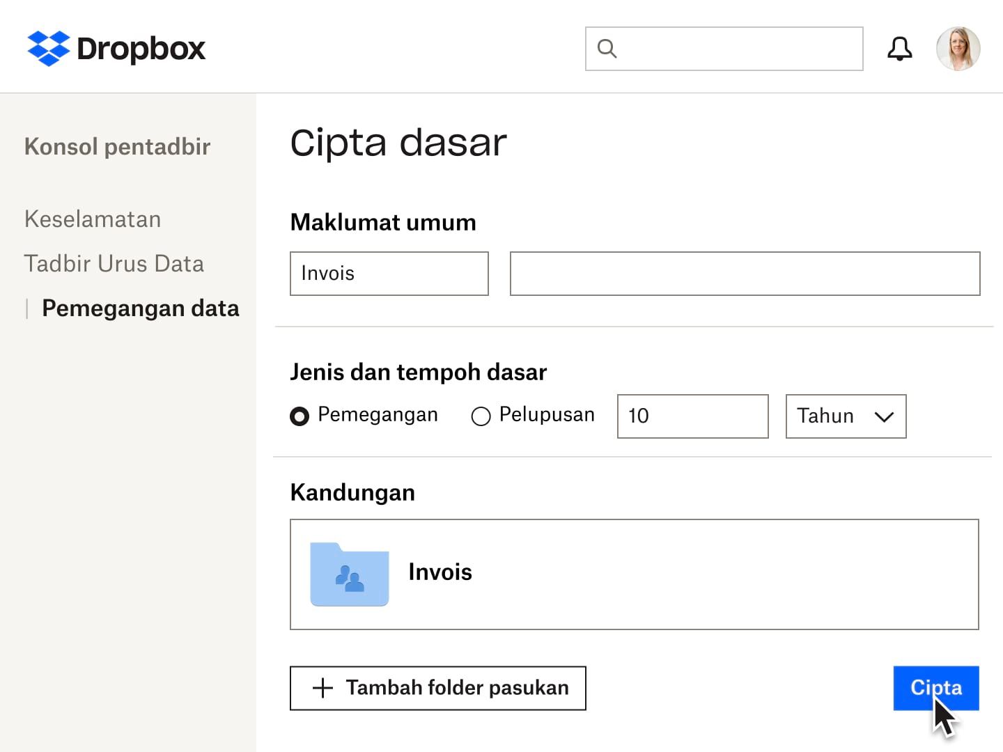 Medan borang untuk mencipta dasar pengekalan data dalam Dropbox