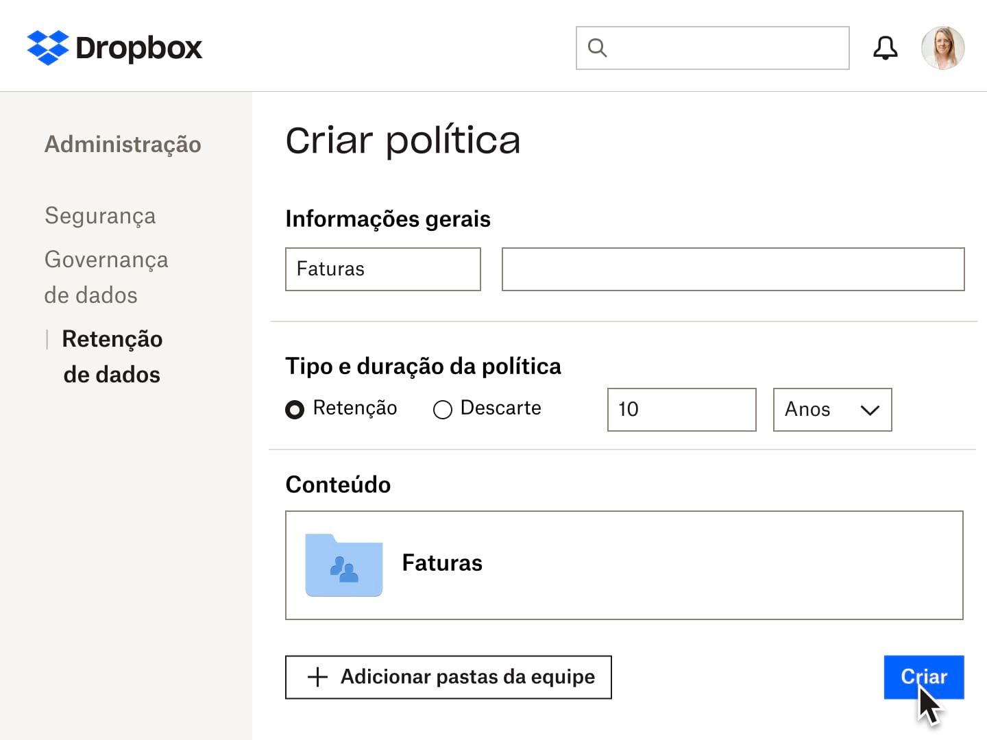 Campos de formulário para criar política de retenção de dados no Dropbox