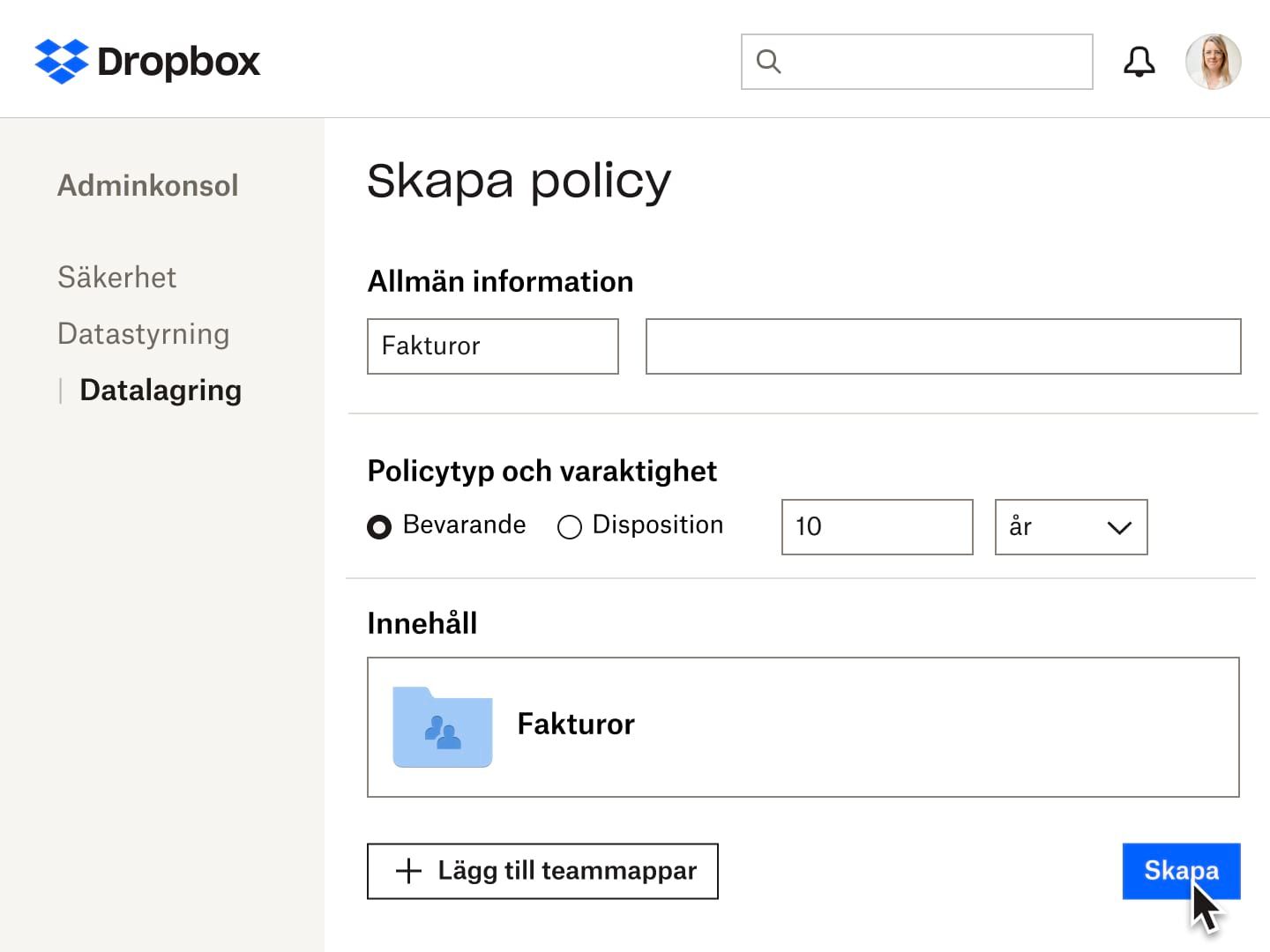 Formulärsfält för att skapa en datalagringspolicy i Dropbox