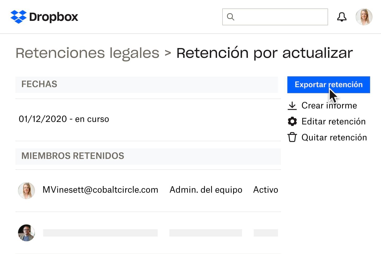 Documento de retención legal en Dropbox con configuración de uso compartido y edición