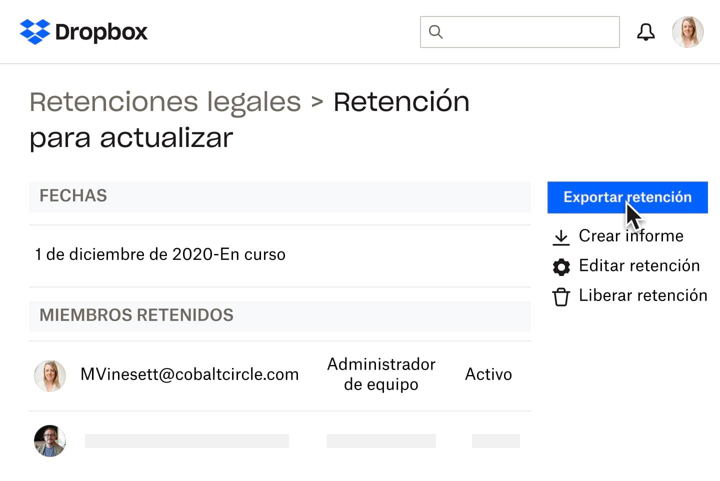 Documento de retenciones legales en Dropbox con opciones de configuración de uso compartido y edición