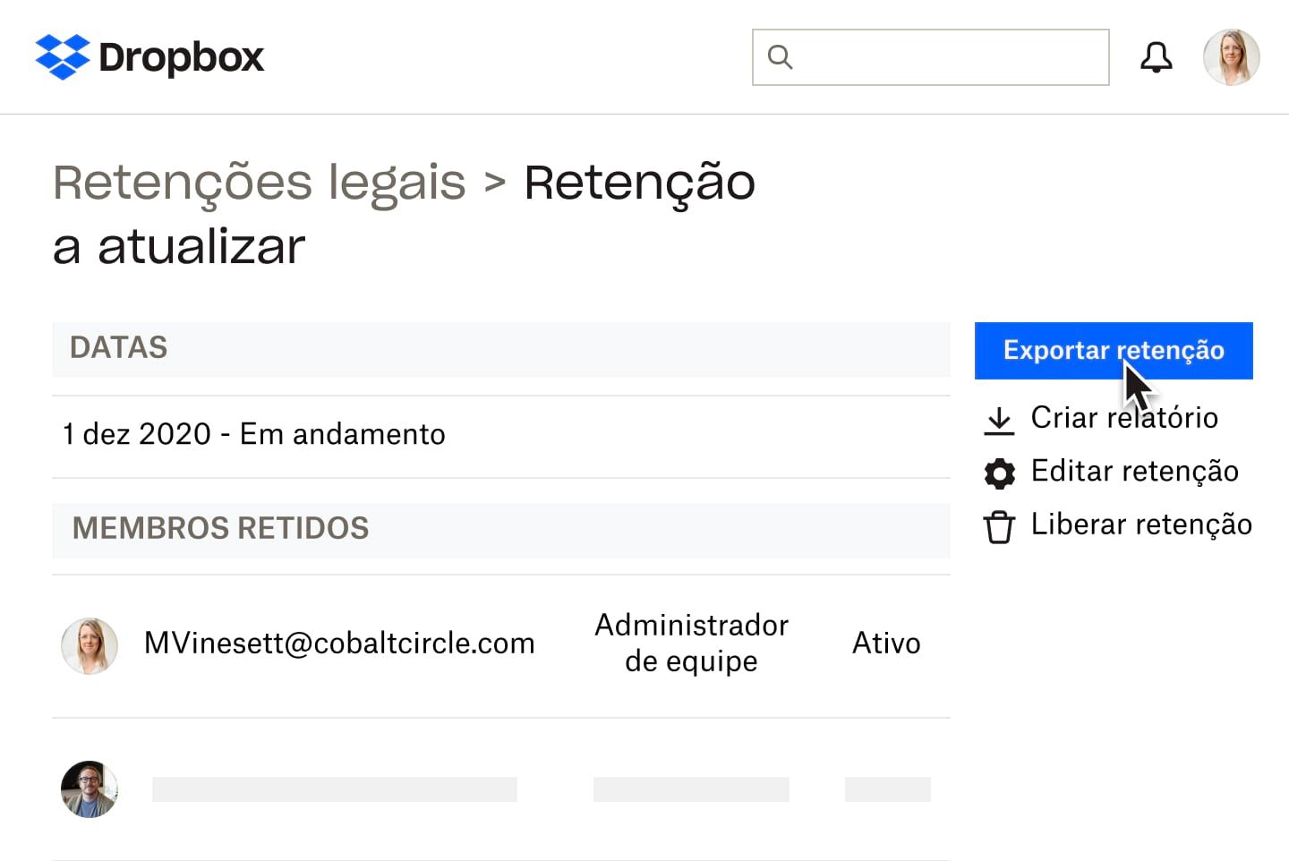 Documento de retenção legal no Dropbox com configurações de compartilhamento e edição
