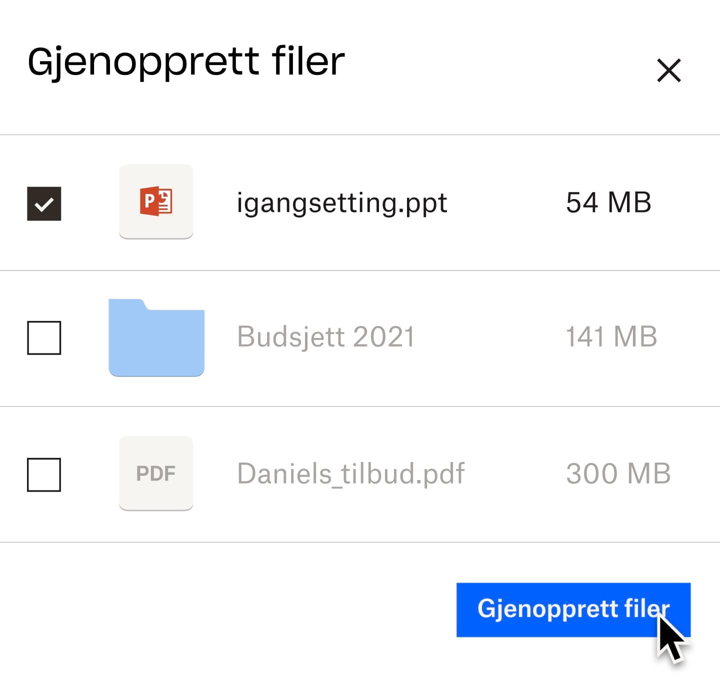 En visning av gjenopprett-knappen i en Dropbox-mappe