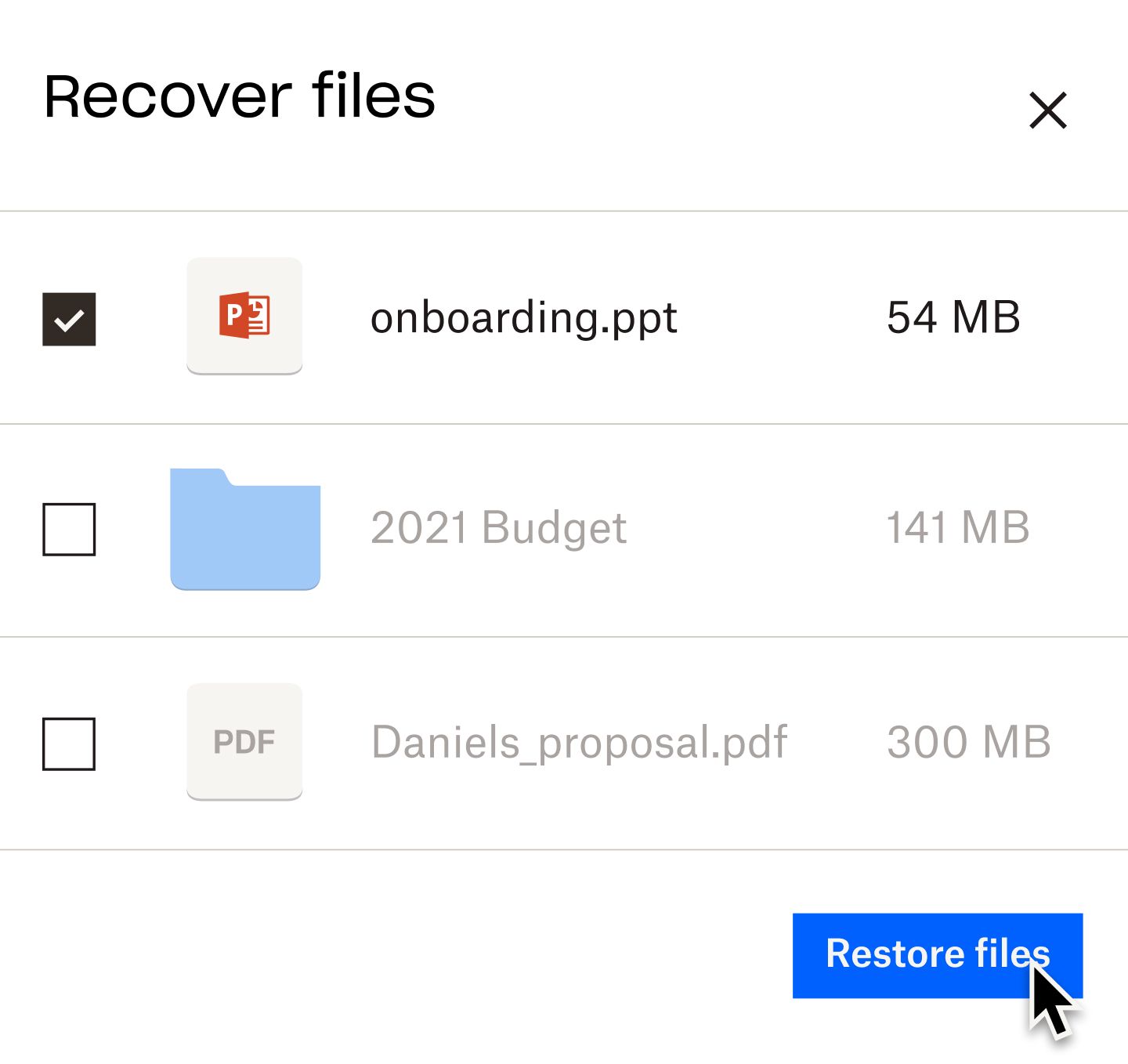 A view of the restore button in a Dropbox folder
