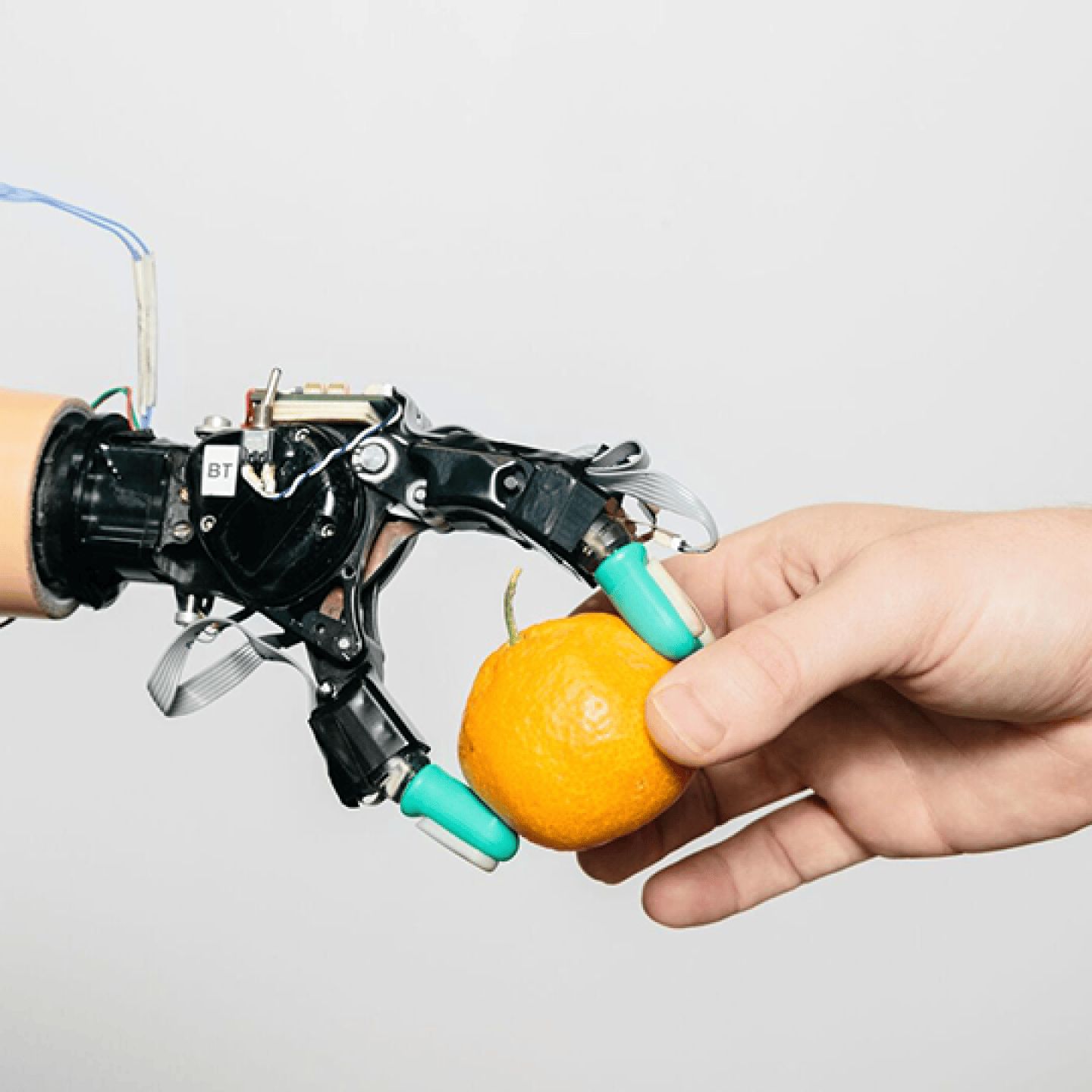 Рука робота берет апельсин из руки человека