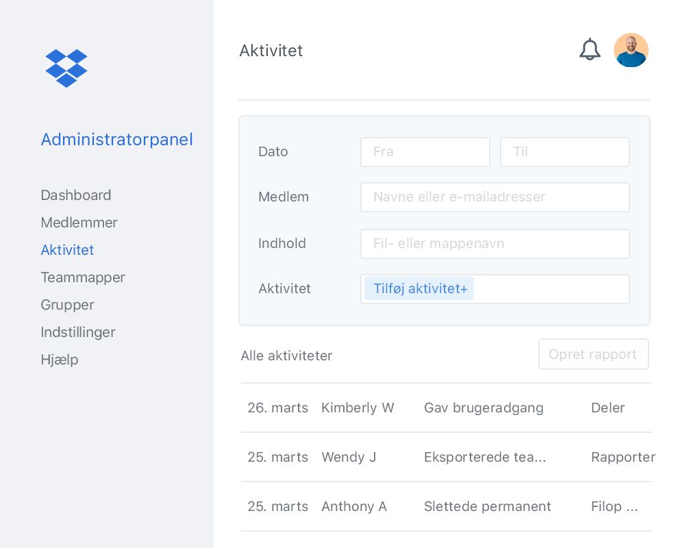 Eksempel på en liste i administratorpanelet på Dropbox, der indeholder interne samarbejdsaktiviteter på et Dropbox-team.