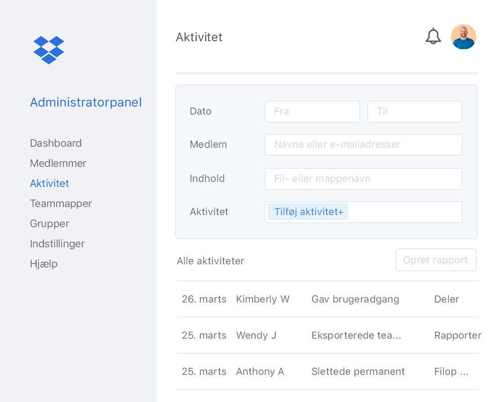 Eksempel på en liste i administratorpanelet på Dropbox, der indeholder interne samarbejdsaktiviteter på et Dropbox-team.