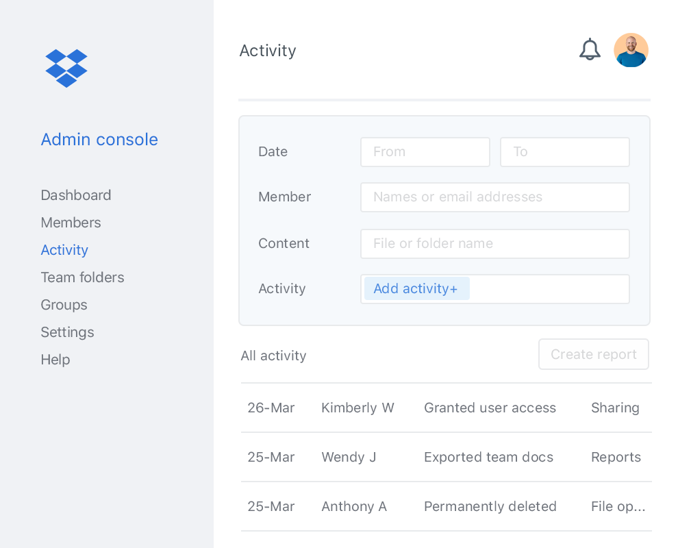 The Dropbox admin console with an example list of collaborator activity within a Dropbox team.