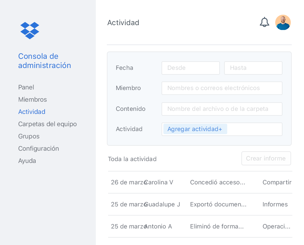 La consola de administración de Dropbox con una lista de ejemplos de actividades de colaboradores dentro de un equipo de Dropbox.