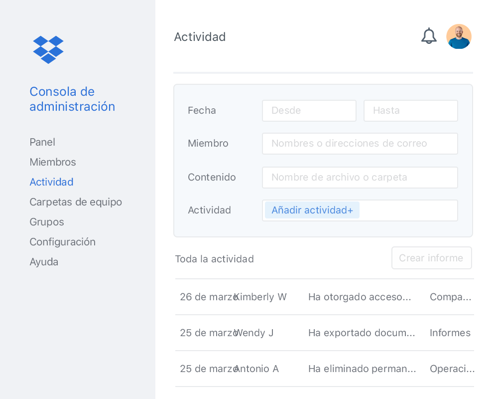 Consola de administración de Dropbox con una lista de ejemplos de actividades de colaboradores dentro de un equipo de Dropbox.
