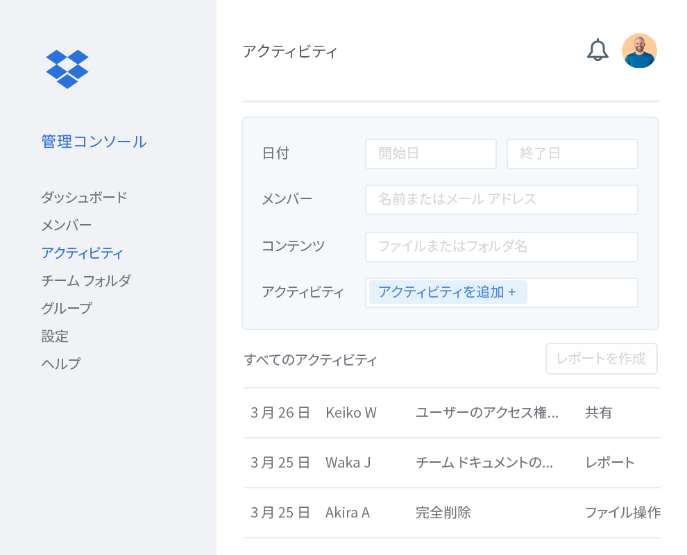 Dropbox チーム内の共同編集者のアクティビティ リストが表示された Dropbox 管理コンソール