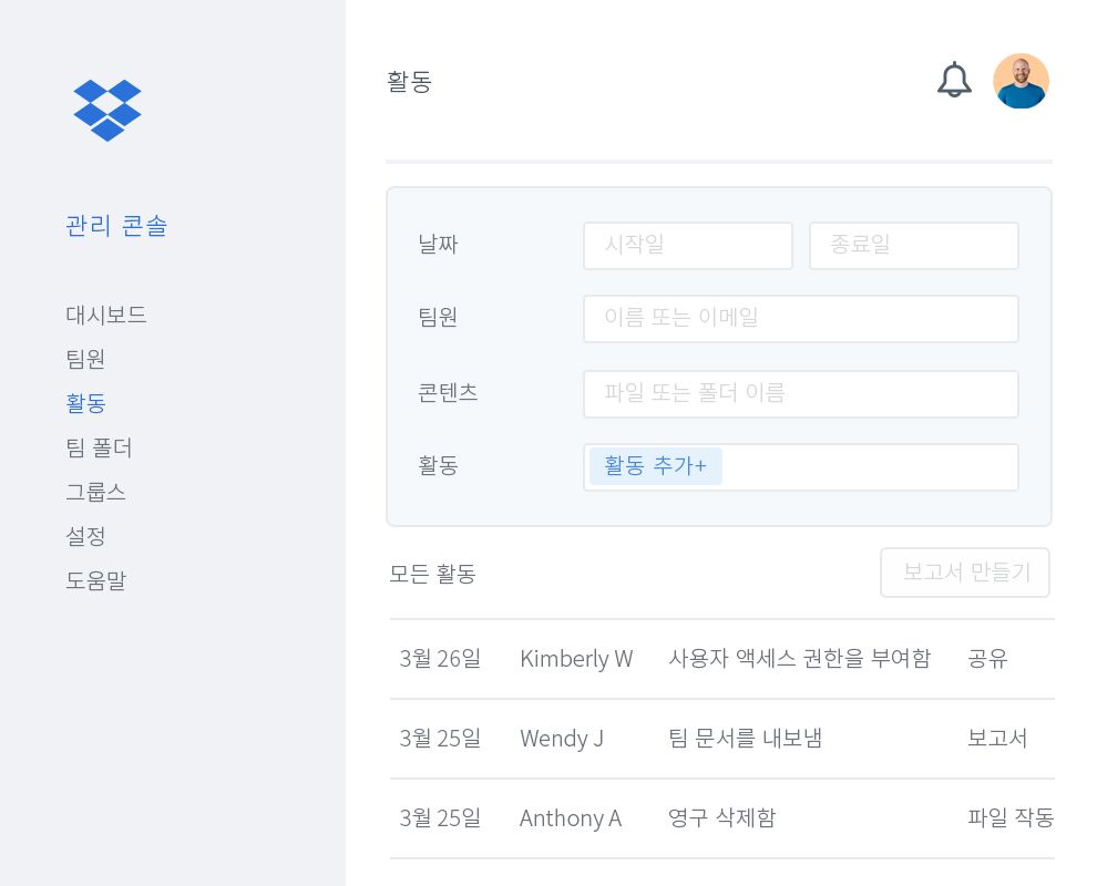 Dropbox 팀 내 공동 작업자 활동 목록 예시가 표시된 Dropbox 관리 콘솔