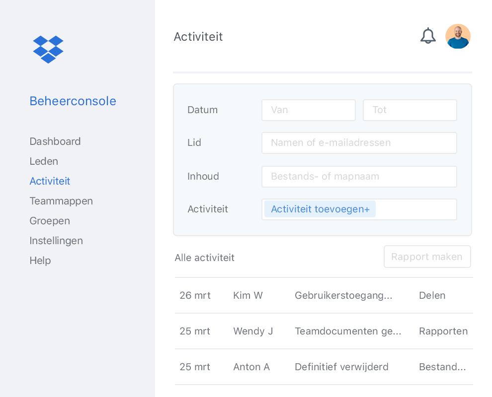 De beheerconsole van Dropbox met een voorbeeldlijst van samenwerkingsactiviteiten binnen een Dropbox-team.