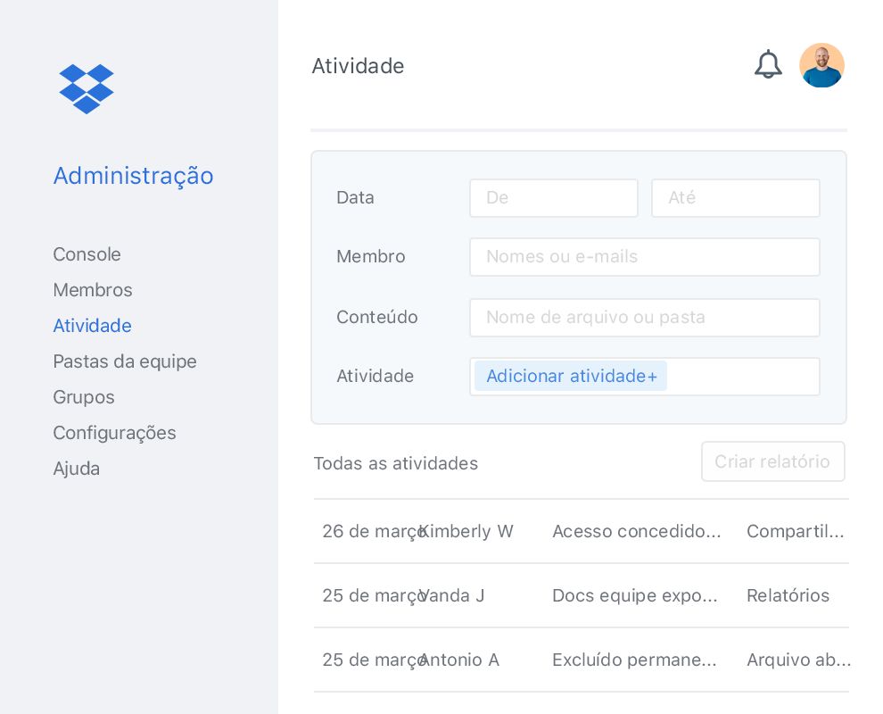 A seção de Administração do Dropbox com um exemplo de lista de atividades de colaboradores dentro de uma equipe do Dropbox.