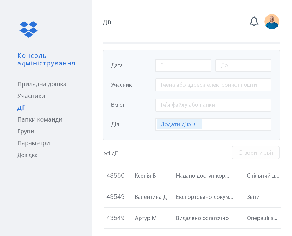 Консоль адміністрування Dropbox із прикладом списку дій співавторів у межах команди Dropbox.