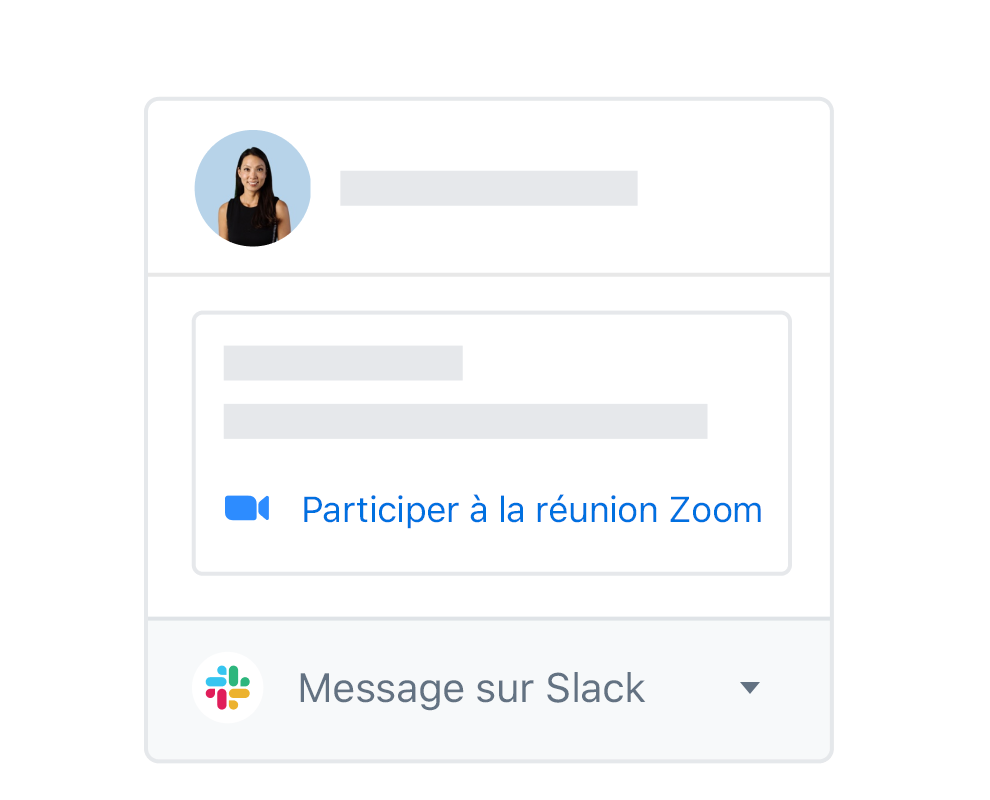 Profil utilisateur Dropbox avec des options intégrées permettant de rejoindre une réunion Zoom ou d'envoyer un message dans Slack