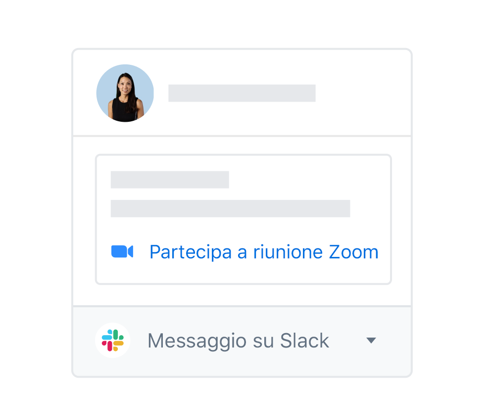 Il profilo di un utente Dropbox con le opzioni integrate per partecipare a una riunione Zoom o inviare un messaggio su Slack.