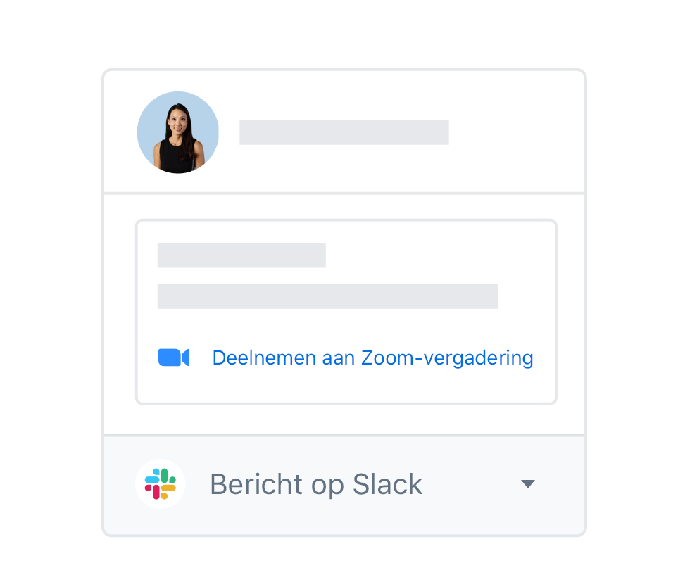 Een Dropbox-gebruikersprofiel met geïntegreerde opties om deel te nemen aan een Zoom-vergadering of bericht op Slack.