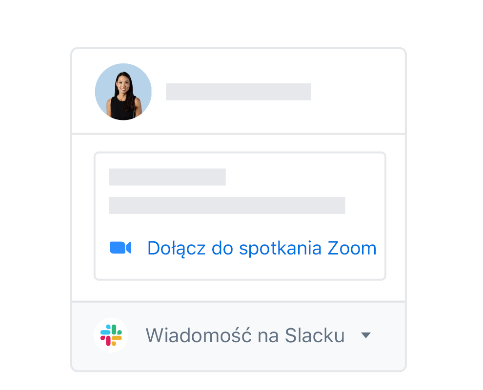 Profil użytkownika Dropboxa ze zintegrowaną opcją dołączenia do spotkania Zoom lub wysłania wiadomości na Slacku.