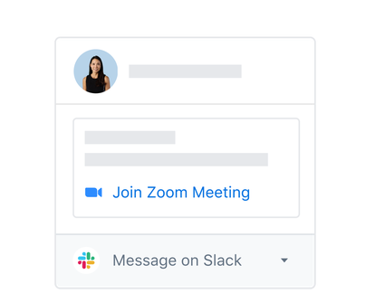 A Dropbox user profile with integrated options to join a Zoom meeting or message on Slack.