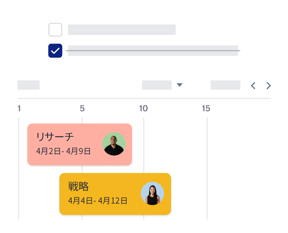 共同編集者のアイコンと日付が表示された Dropbox のタイムライン機能