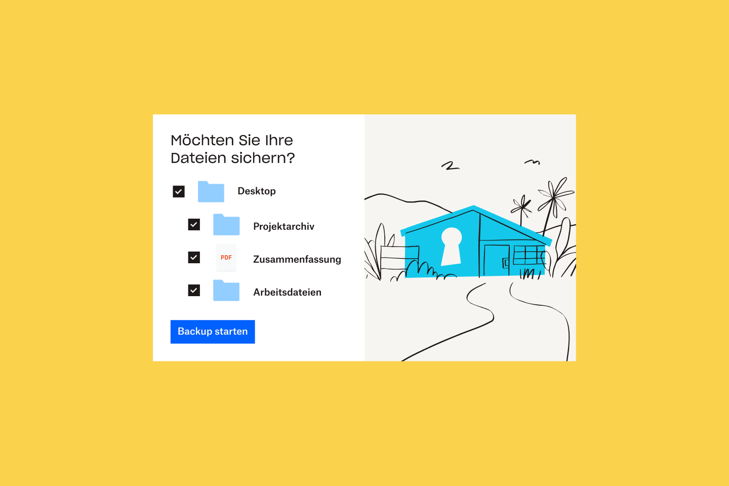 Eine Liste von Dateien und Ordnern, die zu Dropbox Backup hinzugefügt werden