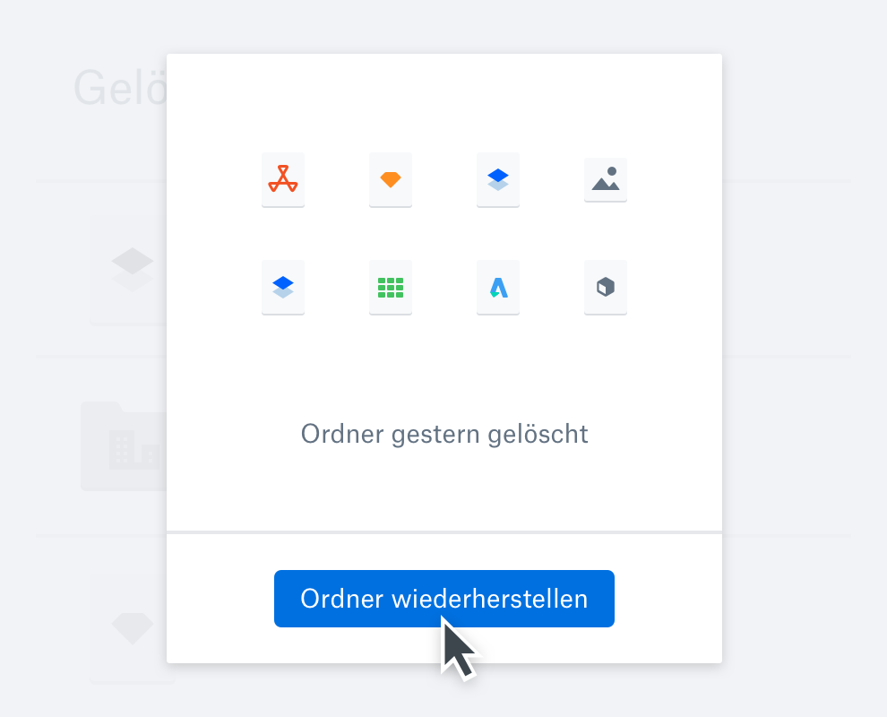 Ansicht eines in Dropbox gelöschten Ordners mit der Option, den Ordner wiederherzustellen