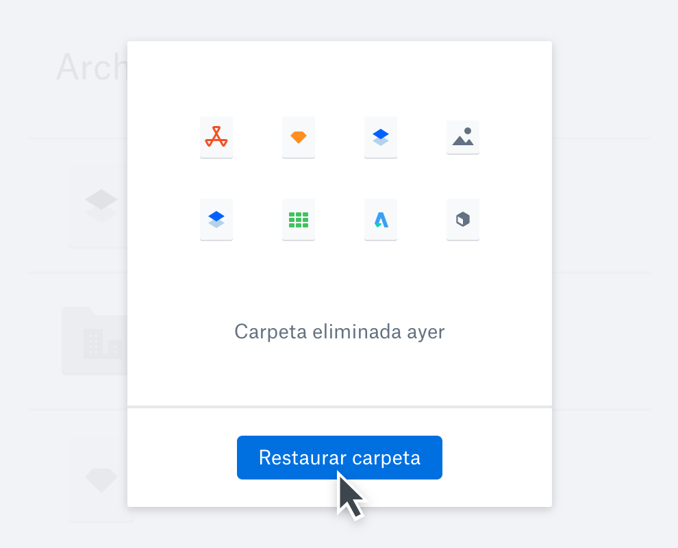 Vista de una carpeta eliminada en Dropbox con la opción de restaurar la carpeta