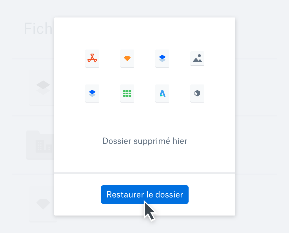 Vue d’un dossier supprimé dans Dropbox avec l’option de restauration du dossier