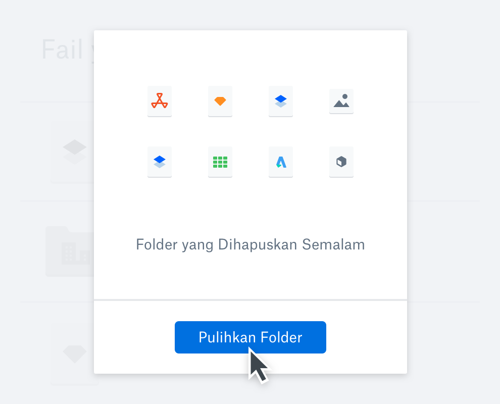 Paparan folder yang dihapuskan dalam Dropbox dengan pilihan untuk memulihkan folder