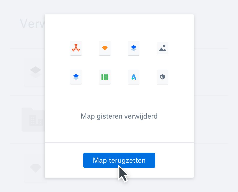 Een weergave van een verwijderde map in Dropbox met de optie om de map terug te zetten