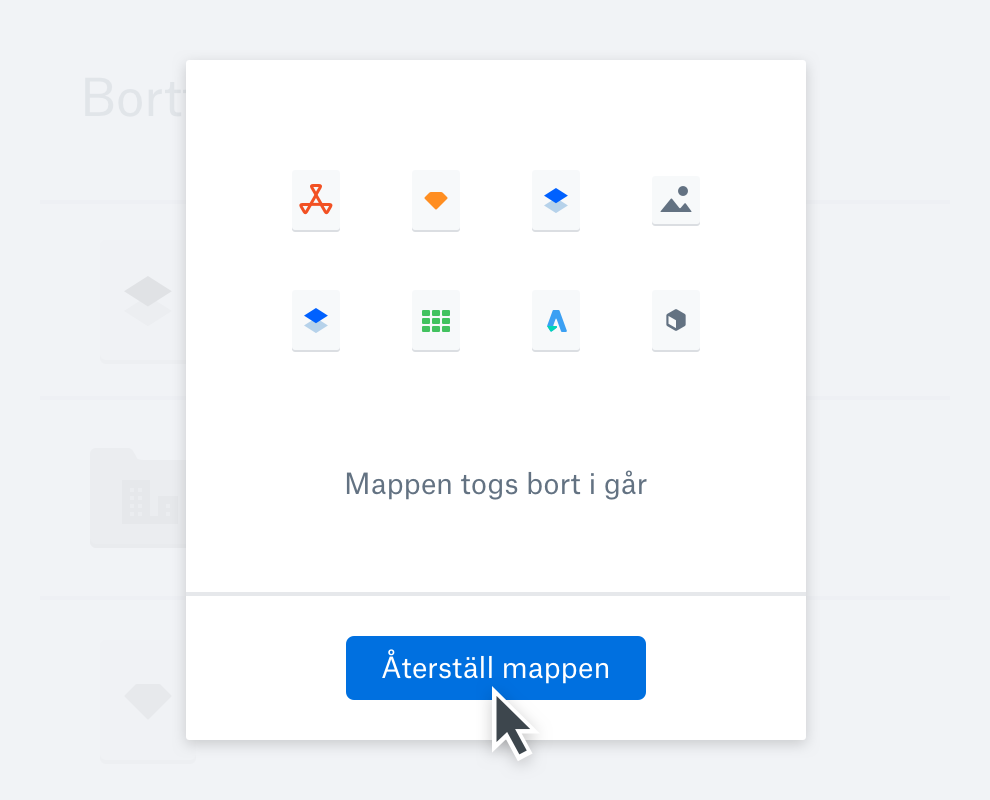 En vy över en mapp som raderats från Dropbox och möjligheten att återskapa mappen