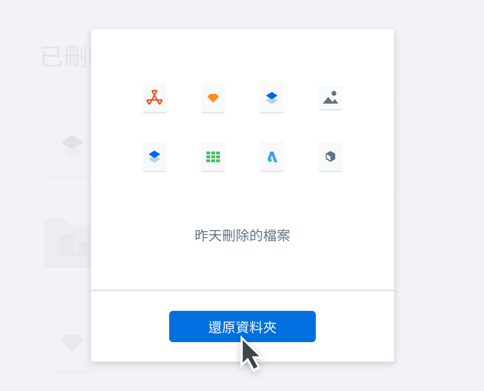Dropbox 中已刪除資料夾的畫面，包含可還原資料夾的選項