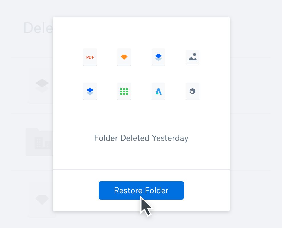 A view of a deleted folder in Dropbox with the option to restore the folder
