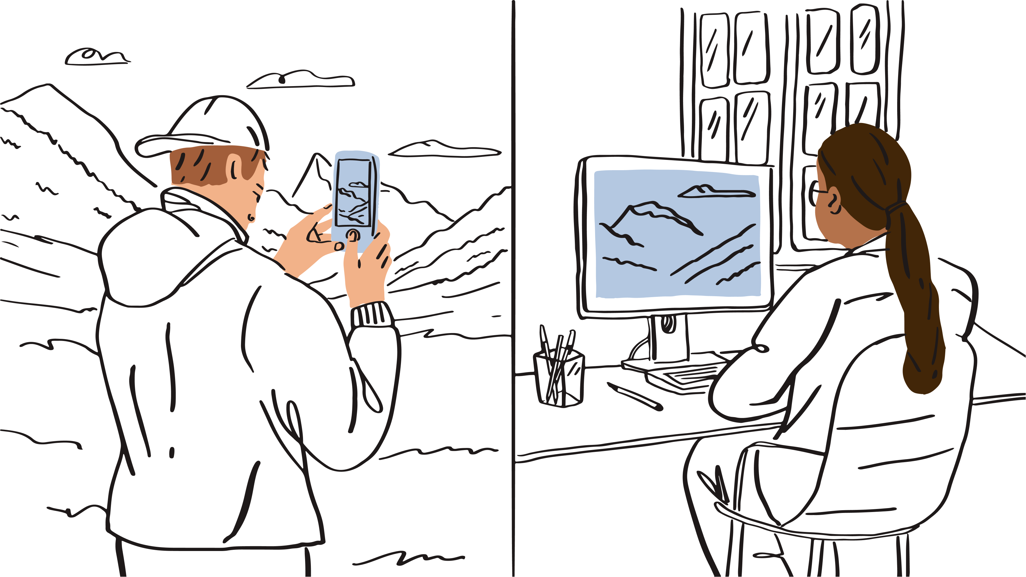 A Dropbox user sends a photo from a remote location to a colleague back at the office.