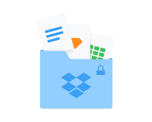 Différents types de fichiers placés dans un dossier bleu avec une icône représentant un cadenas 