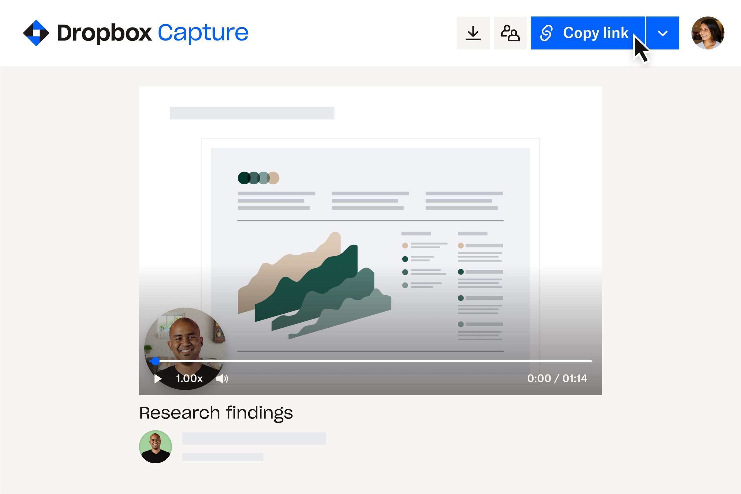 Dropbox Capture インターフェースを視覚的に表現し、画面録画をリンクで共有する方法を示した図。