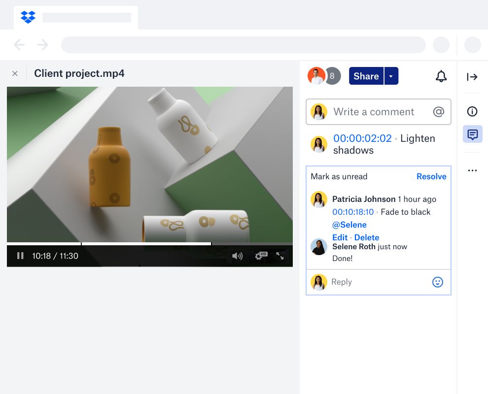 Ein Video aus einem Kundenprojekt neben einem Kommentar-Thread mit Zeitstempeln und Aktionselementen