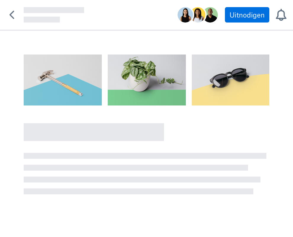 Een Paper-document met een afbeelding van een hamer op een blauwe achtergrond, een afbeelding van een plant in een bloempot op een groene achtergrond en een zonnebril op een gele achtergrond 