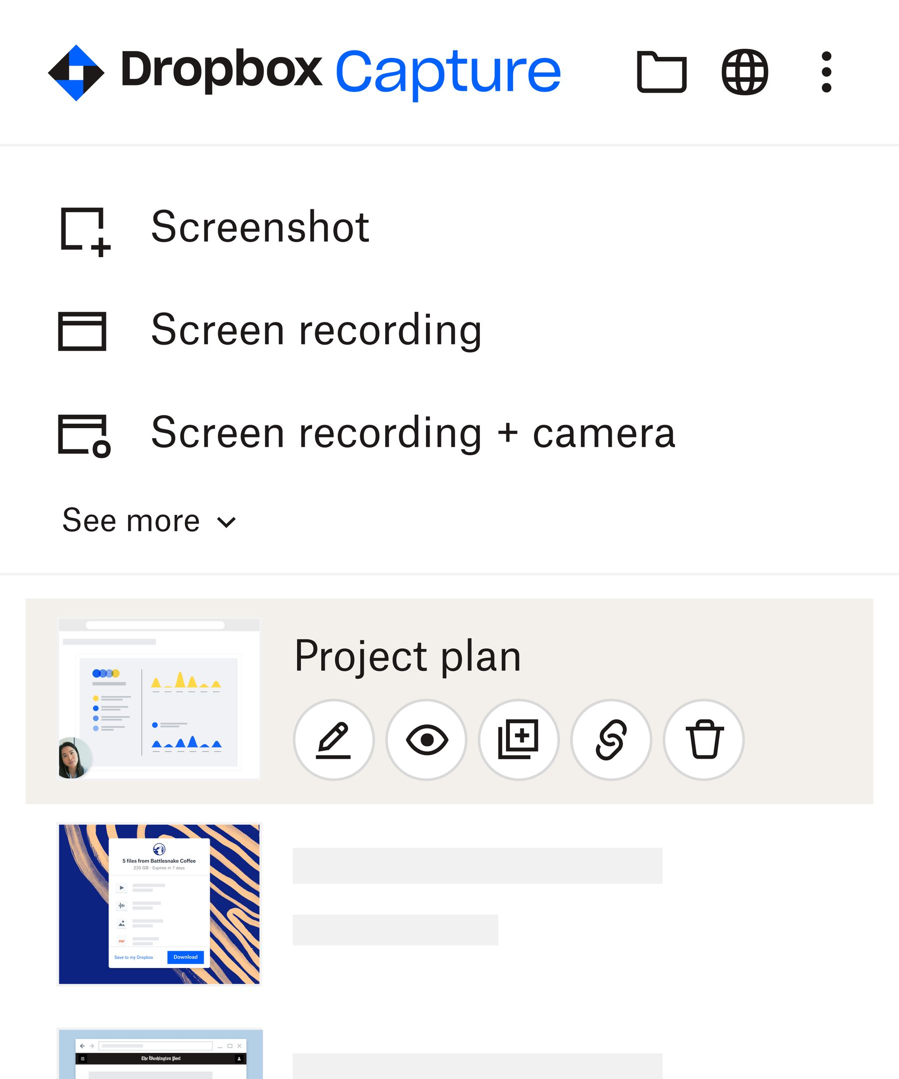 A visual representation of the Dropbox Capture desktop app interface, demonstrating the recording options available.