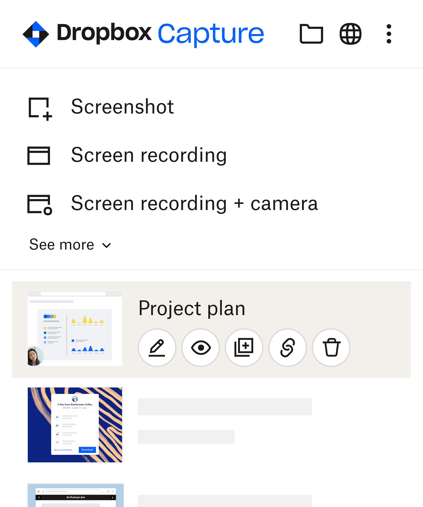 A visual representation of the Dropbox Capture desktop app interface, demonstrating the recording options available.