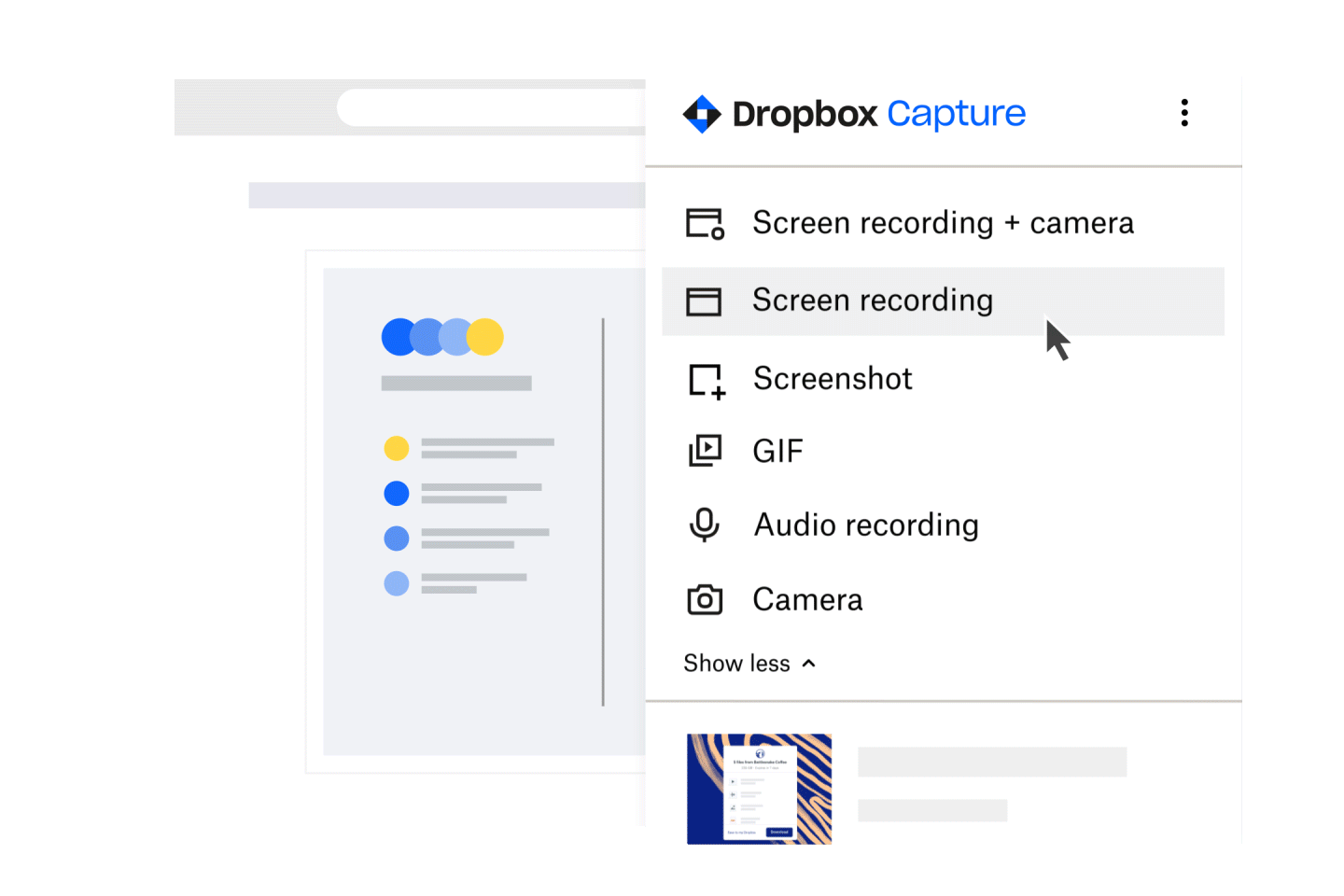 An animated GIF demonstrating how to use Dropbox Capture to record a video of yourself and your screen, which can then be converted into a GIF.