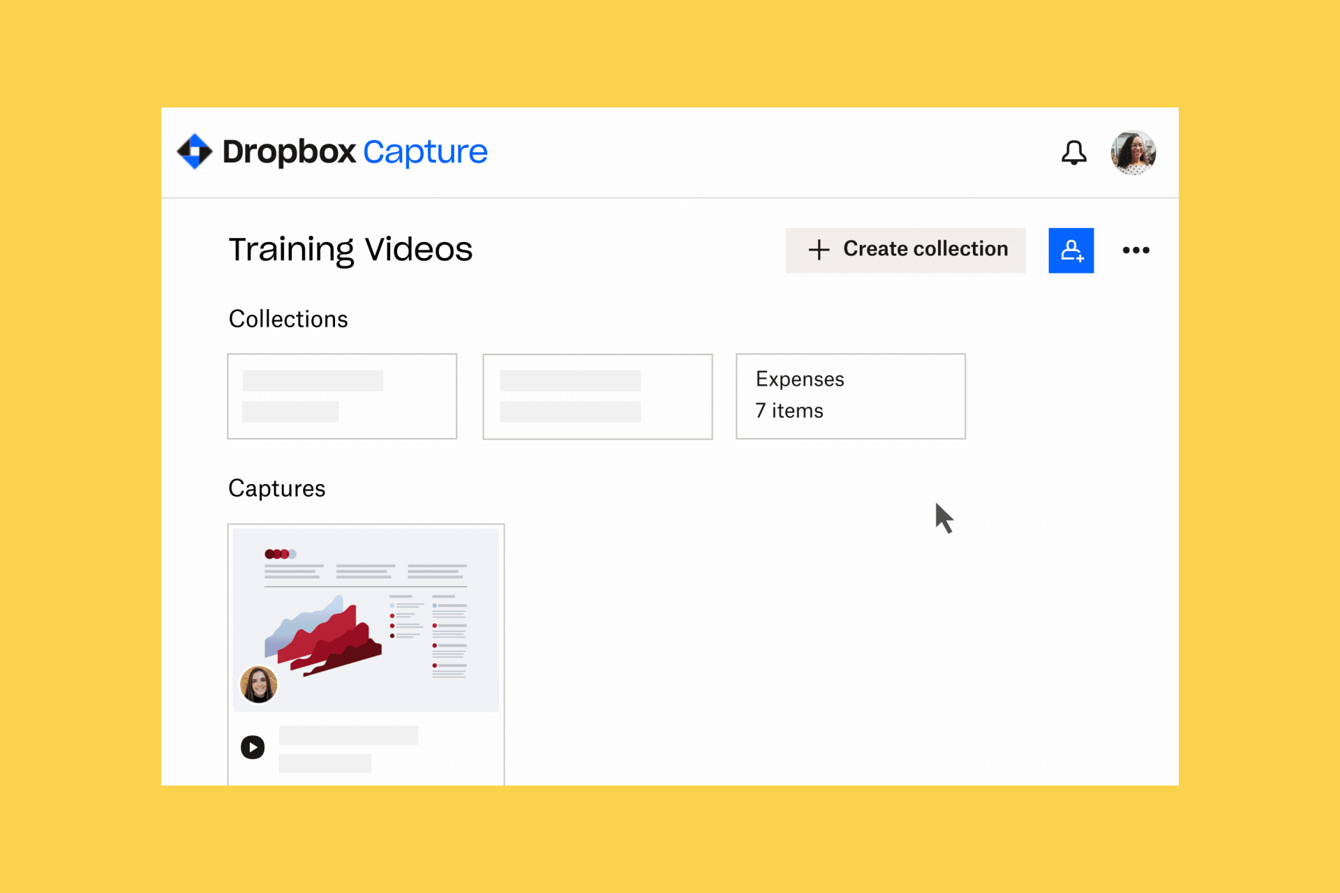 Una GIF che mostra come Dropbox Capture consente di condividere le acquisizioni con i singoli team in pochi clic.