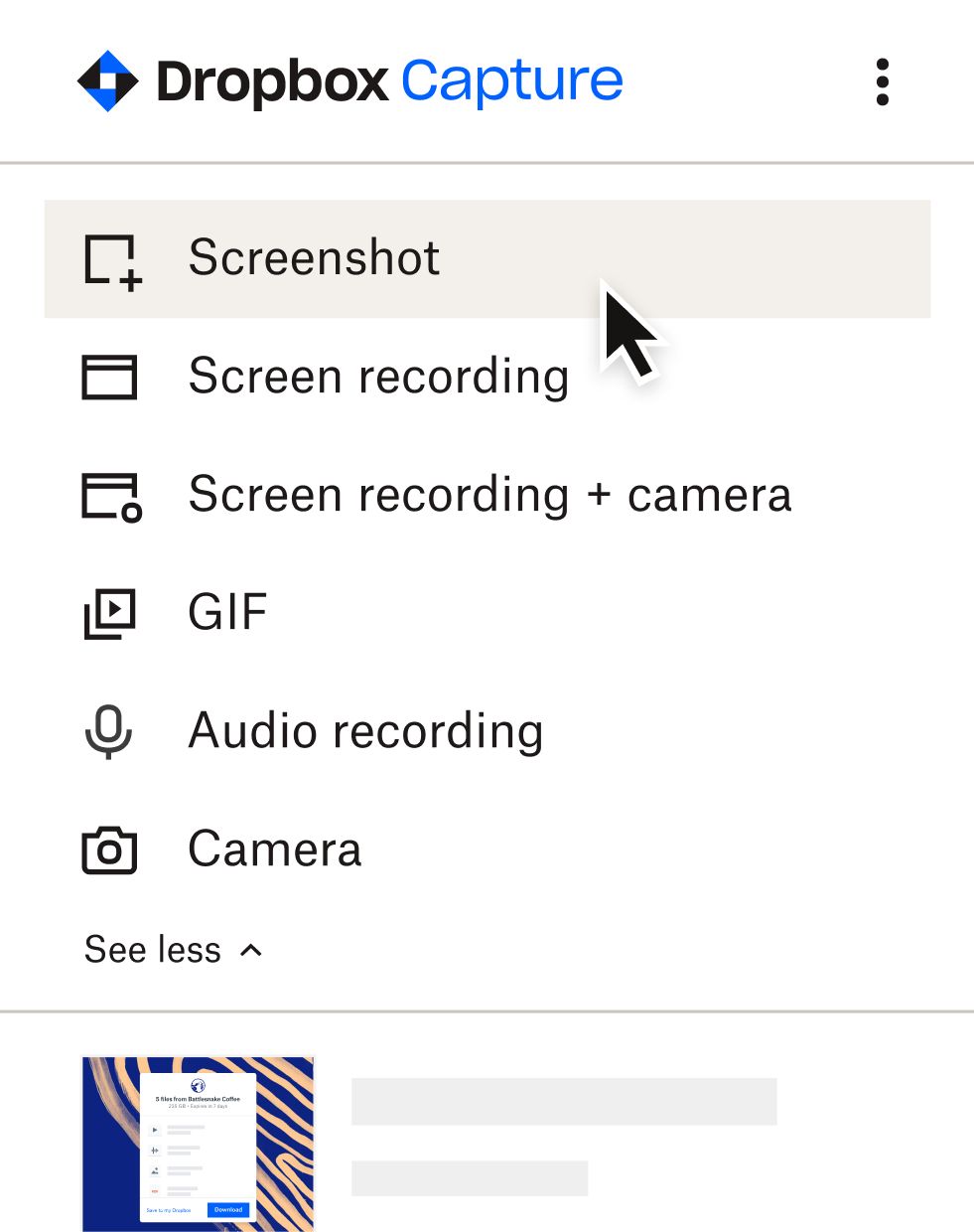 User selecting ‘screenshot’ in the Capture menu