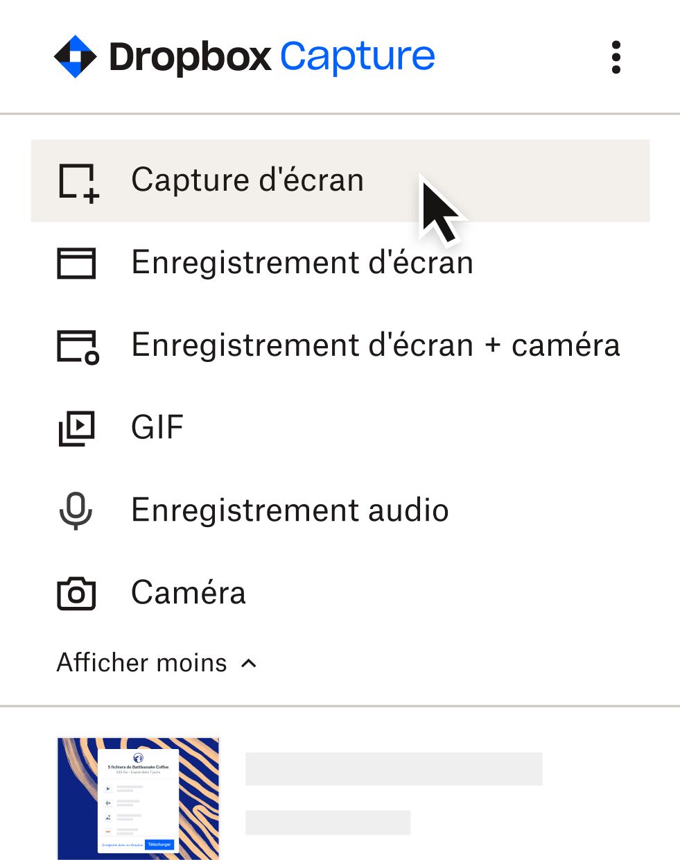 Utilisateur sélectionnant « Capture d’écran » dans le menu Capture