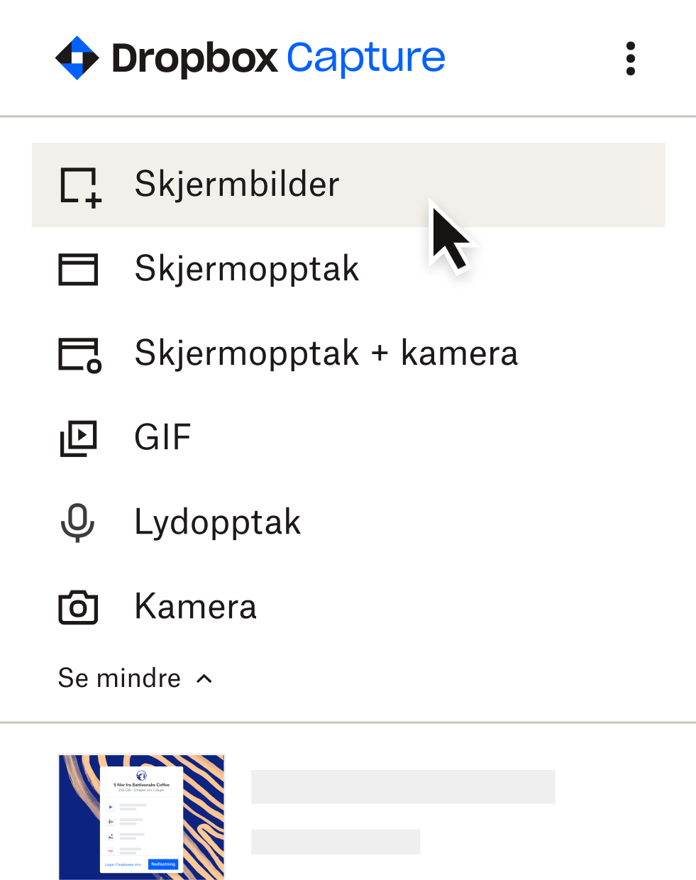 Bruker som velger "skjermbilde" i Capture-menyen