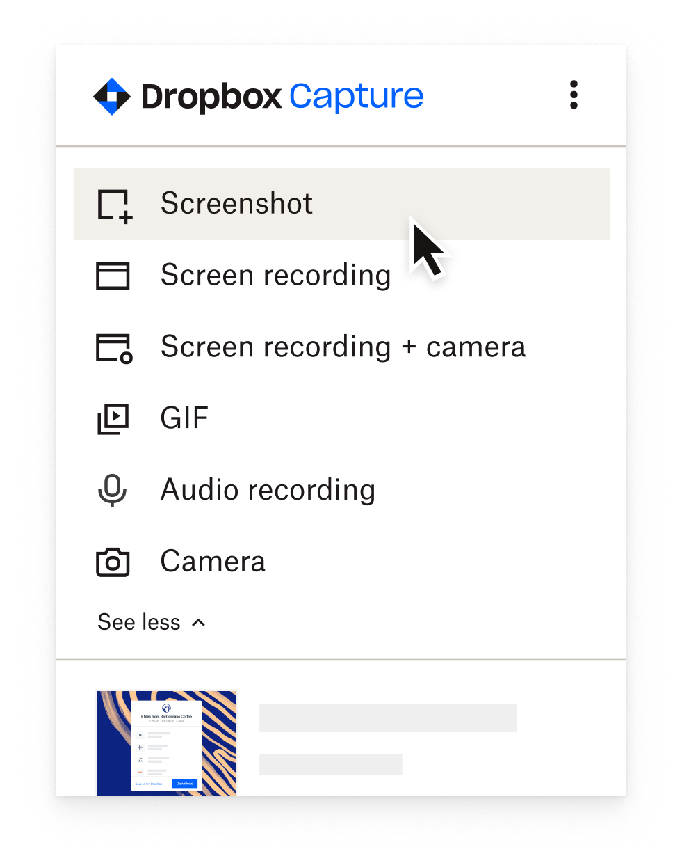 User selecting “screenshot” in the Capture menu