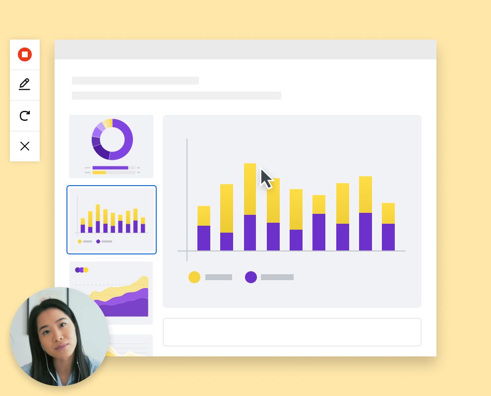 A woman takes a screen and video recording of graphs and charts